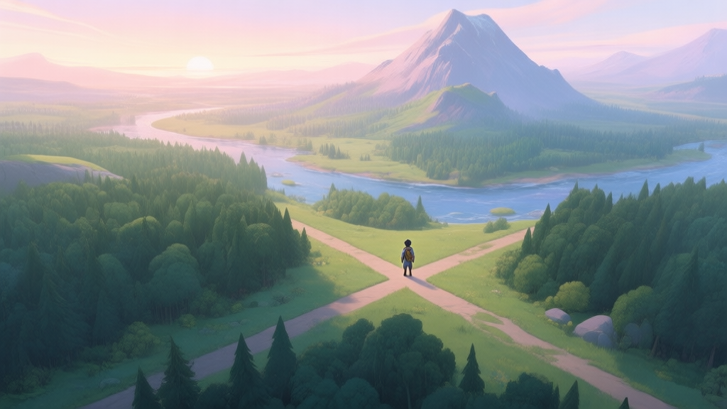 A top-down view of a vast, lush fantasy landscape at dawn, showing a tiny character standing at a crossroads between a dense forest, a mountain, and a river, soft pastel color palette, evocative of exploration and choice high quality illustration, detailed, 16:9