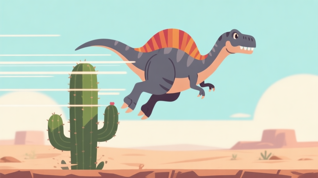 Side-view of the Chrome Dino in mid-air, perfectly clearing a tall cactus, with a speed lines effect in the background, simple 2D game art style, soft desert color palette high quality illustration, detailed, 16:9