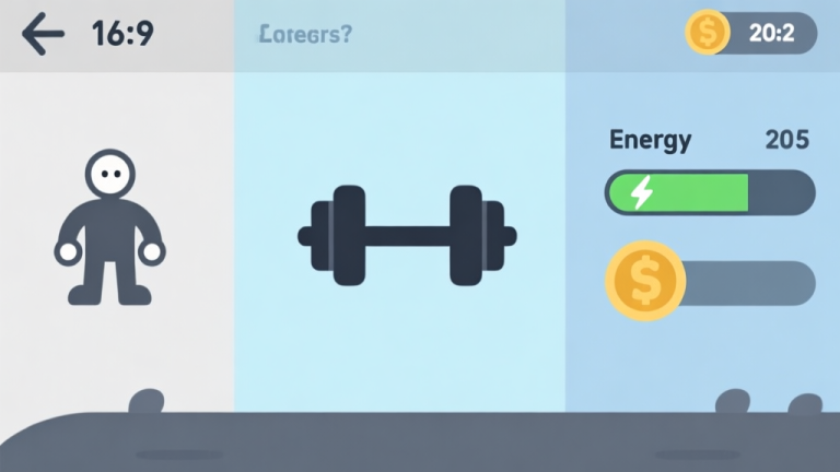 自动生成图片: A minimalist game interface showing a simple character on the left, a dumbbell icon in the center, and resource bars for energy and coins on the right, in a soft blue and grey color scheme, flat design high quality illustration, detailed, 16:9