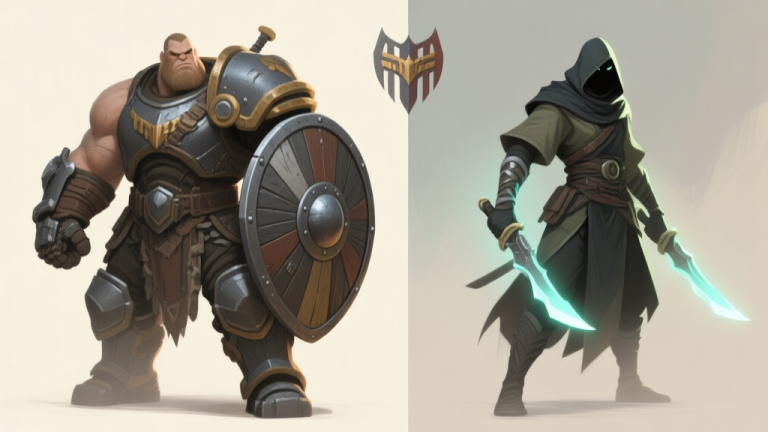 自动生成图片: A split-screen illustration showing two contrasting Chest Warriors character archetypes. Left side: a bulky, armored warrior with a shield (Tank). Right side: a nimble, cloaked figure with glowing daggers (Assassin). Soft, muted color palette with strategic highlights on key equipment. high quality illustration, detailed, 16:9