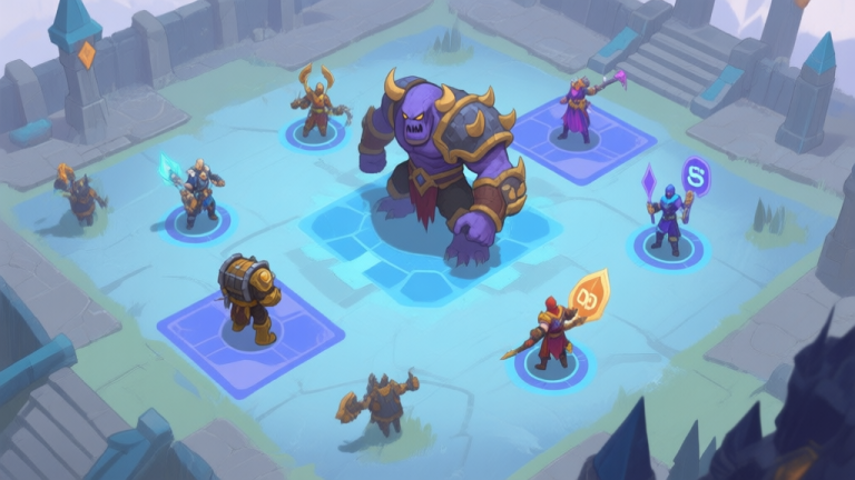 自动生成图片: A top-down view of a fantasy raid battlefield, showing distinct player roles (tank, healer, dps) positioned strategically around a large boss, with clear zones marked for mechanics, in a soft color palette of blues and greys high quality illustration, detailed, 16:9