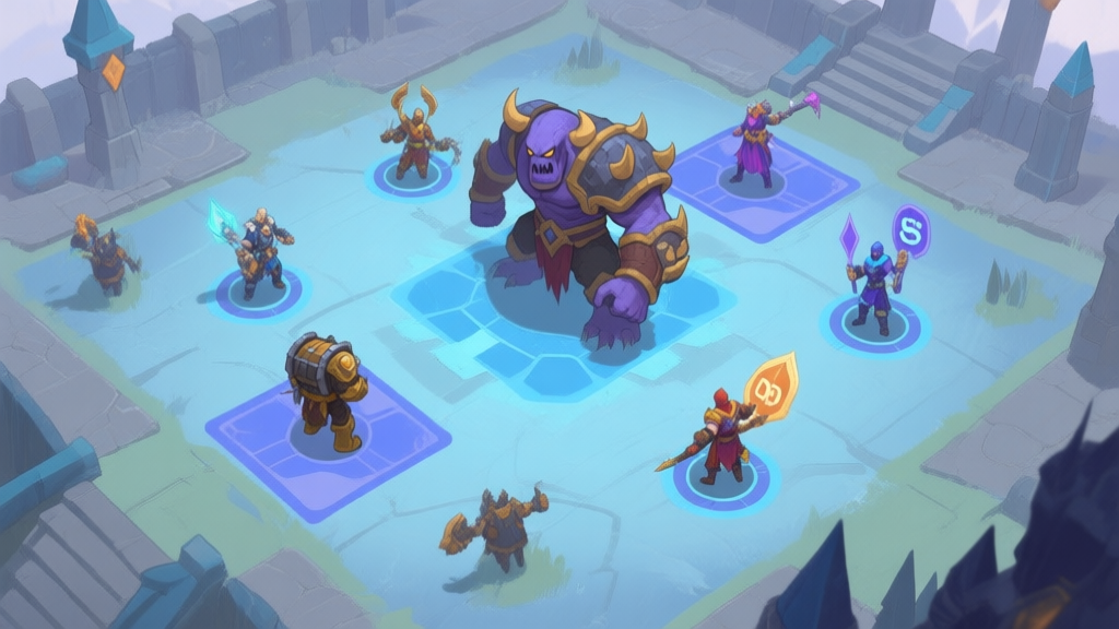 A top-down view of a fantasy raid battlefield, showing distinct player roles (tank, healer, dps) positioned strategically around a large boss, with clear zones marked for mechanics, in a soft color palette of blues and greys high quality illustration, detailed, 16:9