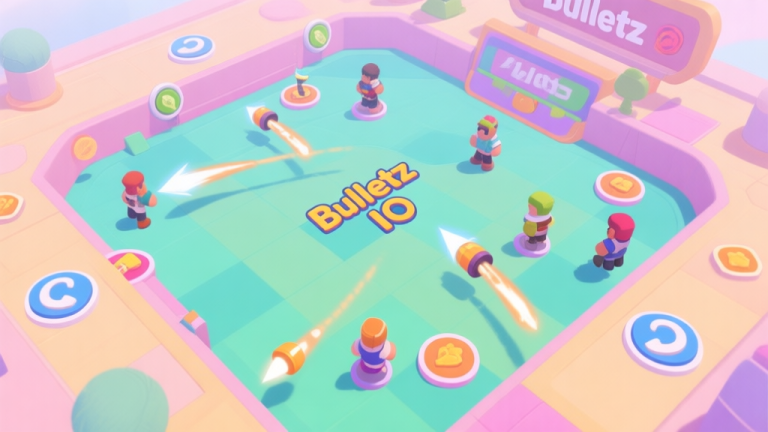 自动生成图片: A top-down view of a colorful Bulletz IO game arena, showing multiple players, bullet trails, and power-up icons scattered around, in a soft pastel color palette high quality illustration, detailed, 16:9