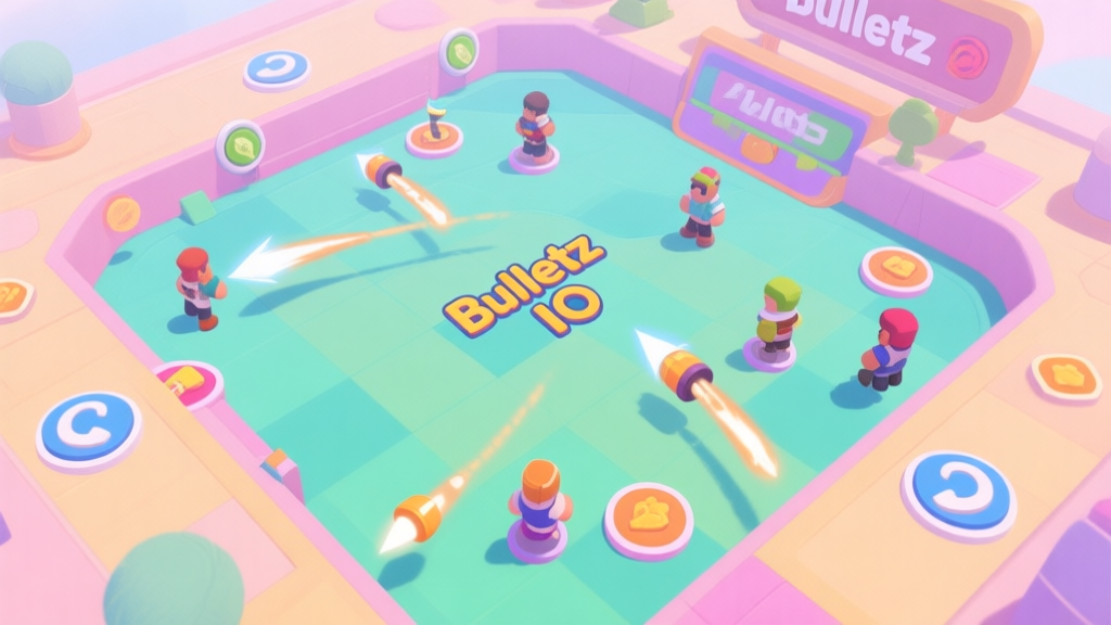 A top-down view of a colorful Bulletz IO game arena, showing multiple players, bullet trails, and power-up icons scattered around, in a soft pastel color palette high quality illustration, detailed, 16:9