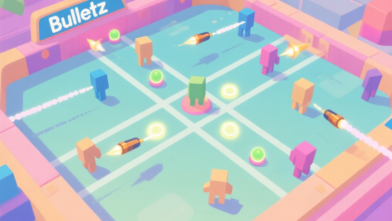 自动生成图片: A top-down view of a colorful Bulletz IO arena, showing multiple simple geometric player characters with trails, bullets flying in crisscross patterns, and power-ups glowing on the ground, soft pastel color palette high quality illustration, detailed, 16:9