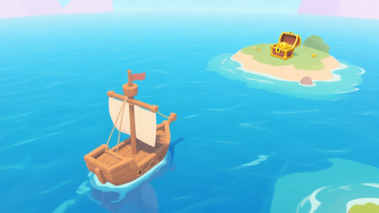 自动生成图片: A top-down view of a simple wooden ship on a vast, calm blue ocean in a browser game style, with a small island and a treasure chest visible in the distance, soft pastel colors high quality illustration, detailed, 16:9