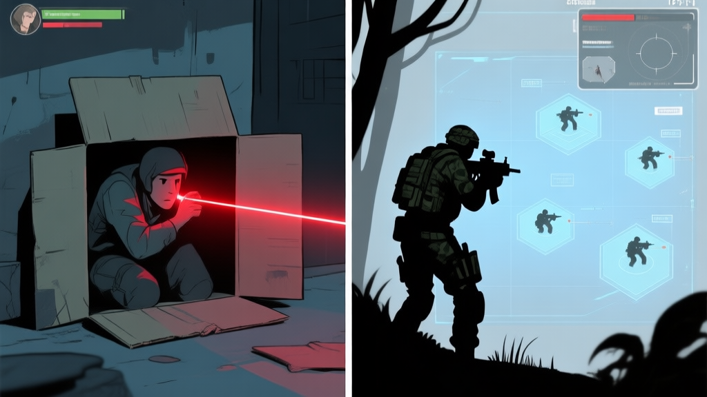 A split-screen game illustration showing contrast: left side shows a player hiding crudely behind a box, red laser sight on them; right side shows a player camouflaged in environmental shadows, observing multiple enemy positions through a tactical overlay, soft blue and grey color scheme high quality illustration, detailed, 16:9