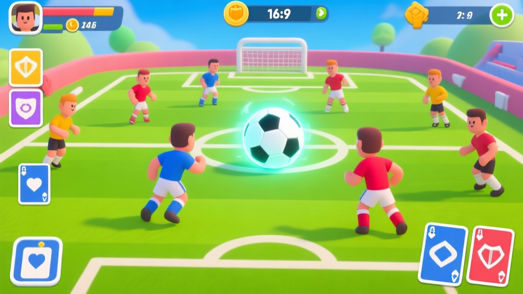 A vibrant, stylized mobile game screenshot showing a cartoonish football field with players in two distinct team colors, a glowing soccer ball in the center, and simple UI elements like card icons and a scoreboard, in a bright and inviting color palette high quality illustration, detailed, 16:9