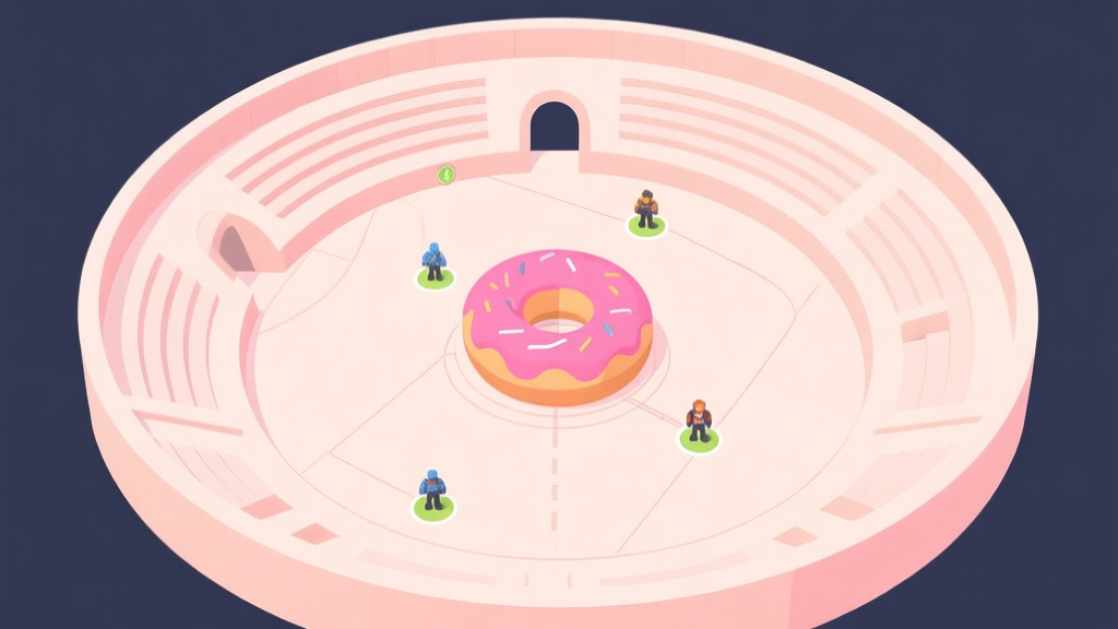 Top-down minimalist map illustration of a circular arena with a central donut-shaped structure, showing player spawn points and key resource locations, soft pastel color scheme, clean lines high quality illustration, detailed, 16:9
