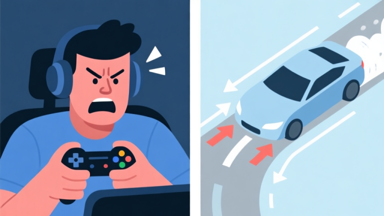 自动生成图片: Split-screen illustration showing a frustrated gamer with a controller on one side, and on the other side, a conceptual diagram of a vehicle with arrows representing traction, drift, and braking forces, in a soft blue and grey color scheme high quality illustration, detailed, 16:9