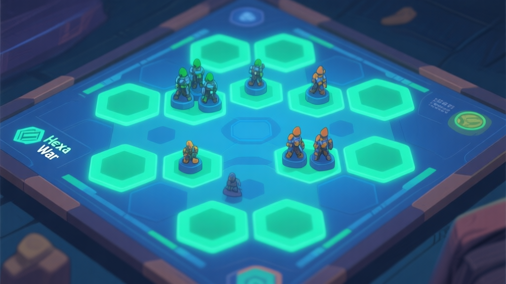 Top-down view of a Hexa War game board with glowing hexagonal tiles, units placed in strategic clusters, soft blue and green color scheme, minimalist game UI style high quality illustration, detailed, 16:9