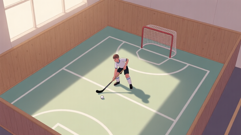 自动生成图片: A top-down view of a compact indoor hockey taka court with wooden boundaries, showing a player in a beginner stance holding a short stick, with a lightweight ball resting nearby, soft lighting, muted colors high quality illustration, detailed, 16:9