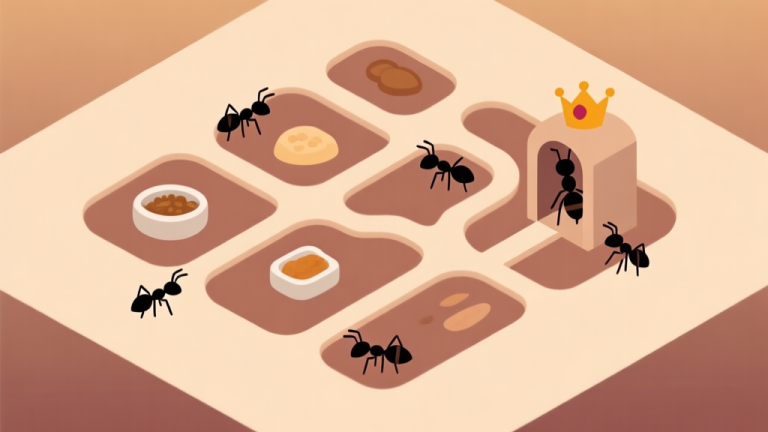 自动生成图片: A minimalist, top-down view of an ant colony with clear pathways, a soft gradient background in earthy tones, icons representing food, worker ants, and a queen ant chamber, flat design style high quality illustration, detailed, 16:9
