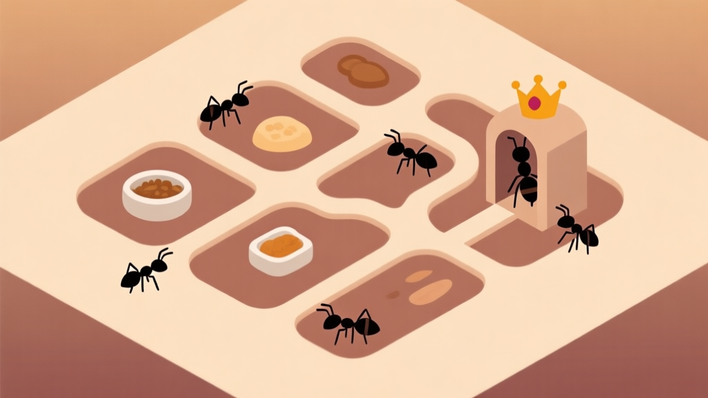 A minimalist, top-down view of an ant colony with clear pathways, a soft gradient background in earthy tones, icons representing food, worker ants, and a queen ant chamber, flat design style high quality illustration, detailed, 16:9