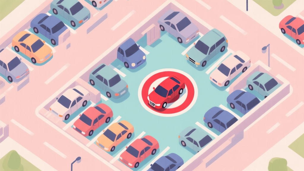 A top-down view of a complex Car Parking Jam level with multiple cars blocking a red target car, soft pastel colors, clean lines, puzzle game aesthetic high quality illustration, detailed, 16:9