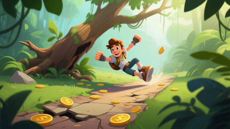 自动生成图片: A dynamic side-view of a Temple Run 2 character mid-slide under a fallen tree obstacle in a lush green jungle, with coins scattered along a crumbling path, soft morning light filtering through leaves, illustrated in a vibrant yet soft color palette high quality illustration, detailed, 16:9