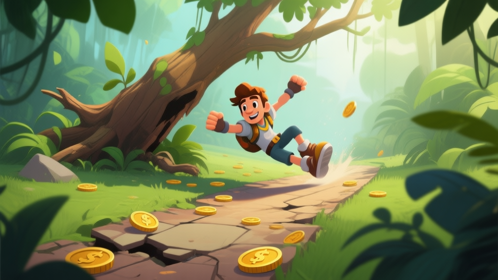 A dynamic side-view of a Temple Run 2 character mid-slide under a fallen tree obstacle in a lush green jungle, with coins scattered along a crumbling path, soft morning light filtering through leaves, illustrated in a vibrant yet soft color palette high quality illustration, detailed, 16:9