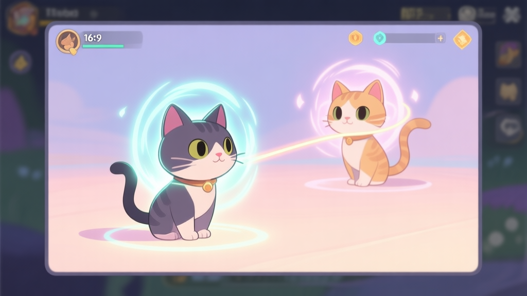 Game UI split-screen showing two distinct cat characters with glowing ability auras, one positioned forward and one in the back, with visual synergy lines connecting them, soft pastel color scheme, clean illustrative style high quality illustration, detailed, 16:9