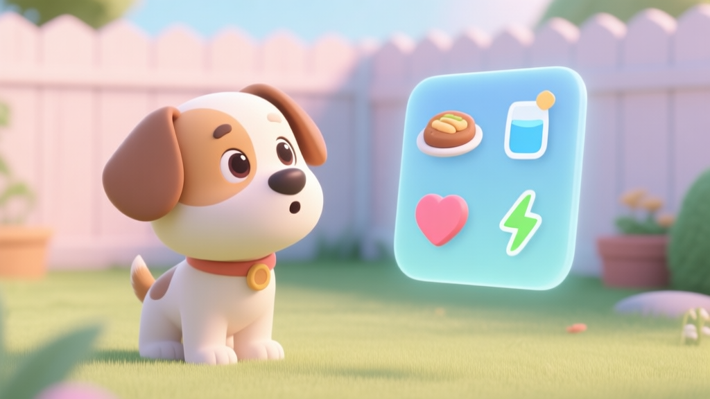 A cute, stylized 3D puppy character looking curiously at a floating UI panel showing icons for food, water, heart, and energy, set in a bright, simple backyard environment, soft pastel colors high quality illustration, detailed, 16:9