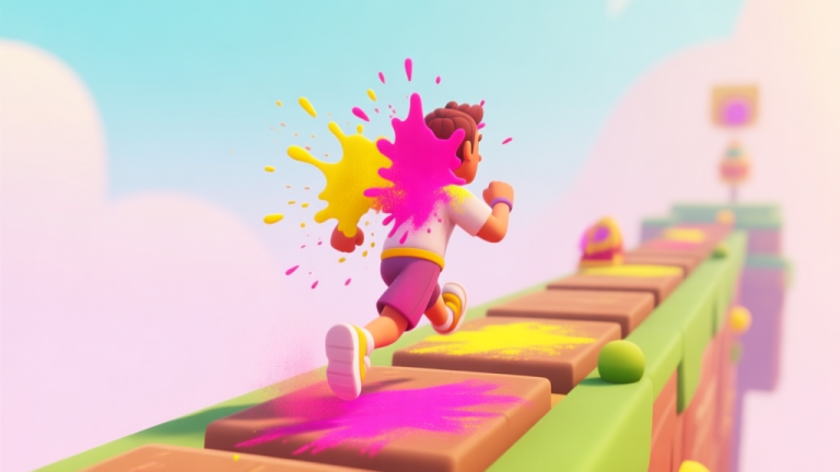 自动生成图片: A vibrant, colorful Temple Run 2 game scene during Holi festival, with the runner splashed in bright pink and yellow powders, minimalist 3D style, soft pastel background high quality illustration, detailed, 16:9