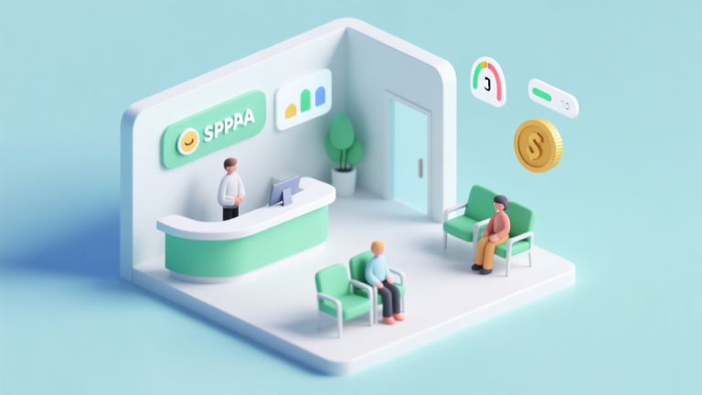 自动生成图片: A minimalist, isometric 3D illustration of a virtual spa lobby. Show a clean reception desk, a few waiting chairs with stylized customer avatars, and simple UI elements floating nearby like a happiness meter and a coin counter. Use a soft, calming color palette of light blues, greens, and whites. high quality illustration, detailed, 16:9