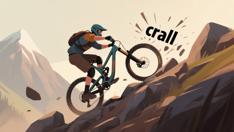 自动生成图片: A dynamic, stylized side-view of a mountain bike game character struggling on a rocky incline, with a "crash" or "fall" visual effect, using a muted color palette with earthy tones and soft highlights high quality illustration, detailed, 16:9