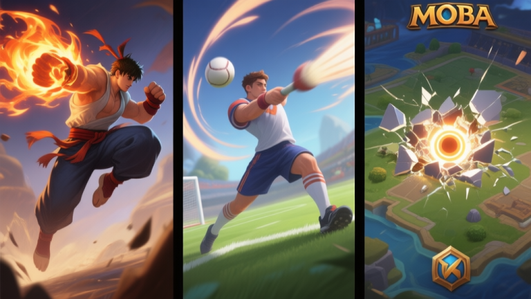 自动生成图片: A split-screen game art illustration showing three distinct game genres: a fighting game character mid-air with a fiery attack, a sports game character hitting a ball with intense motion lines, and a MOBA game map with a glowing objective being shattered. Soft, dynamic lighting. high quality illustration, detailed, 16:9
