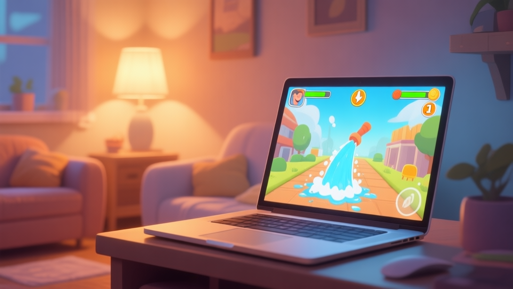 A cozy, softly lit room with a laptop open showing a satisfying power washing game scene, warm and calming color palette, digital art style high quality illustration, detailed, 16:9