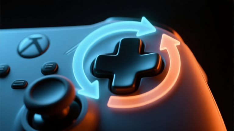 自动生成图片: A close-up view of a game controller's D-pad with glowing, translucent arrows overlaid showing a "quarter-circle forward" motion, soft blue and orange glow on a dark background, minimalist style high quality illustration, detailed, 16:9