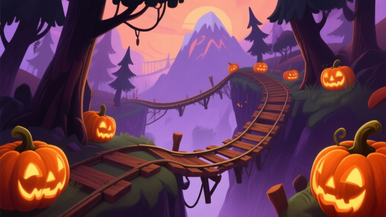 自动生成图片: A side-scrolling view of the Spooky Summit track in Temple Run 2, showcasing its signature glowing pumpkins, dark trees, and precarious wooden bridges, with a soft, eerie purple and orange color palette high quality illustration, detailed, 16:9
