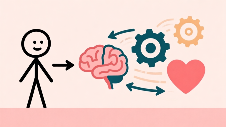 自动生成图片: A minimalist, flat design illustration showing a simple stickman character on the left, with arrows and deconstructed design elements (like a brain for psychology, a gear for mechanics, and a heart for engagement) flowing to the right, on a soft pastel background high quality illustration, detailed, 16:9