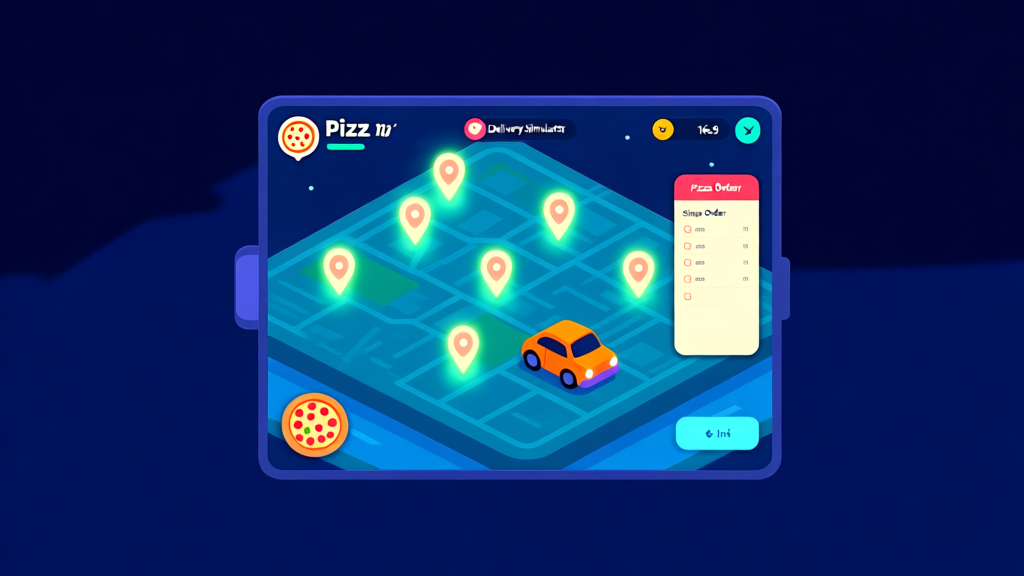 A cozy, isometric view of a game interface for a pizza delivery simulator. The screen shows a map with glowing delivery markers, a mini car icon, and a side panel displaying a simple order list and timer. Soft neon lights and a dark blue night sky color scheme. high quality illustration, detailed, 16:9