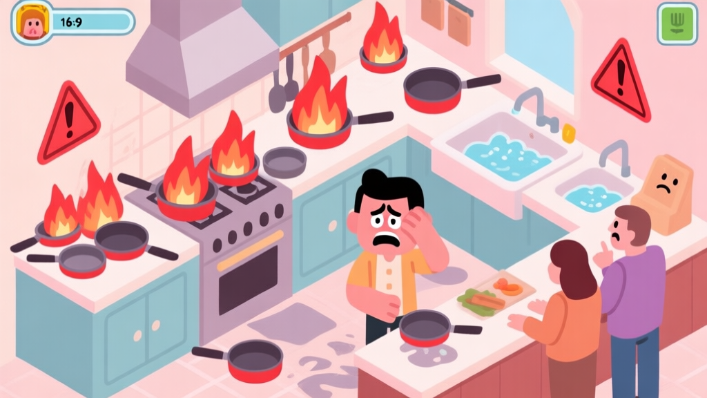 A chaotic and humorous isometric illustration of a kitchen in a cooking simulation game. Animated character looks stressed, with multiple burning pans, overflowing sinks, and confused customers at the counter. Soft pastel color palette with pops of red for fire and warning signs. high quality illustration, detailed, 16:9