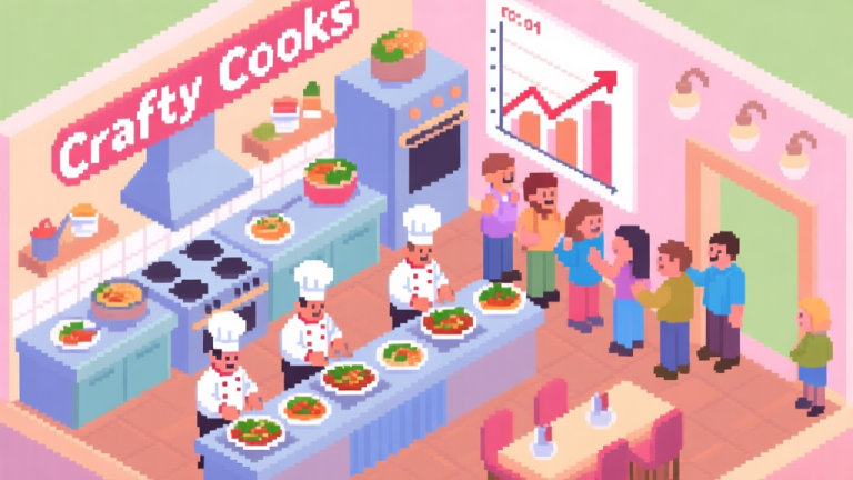 自动生成图片: A vibrant, isometric view of a bustling pixel-art restaurant kitchen in Crafty Cooks, with multiple chefs preparing dishes, a queue of happy customers, and a rising profit chart in the background, soft pastel color palette high quality illustration, detailed, 16:9