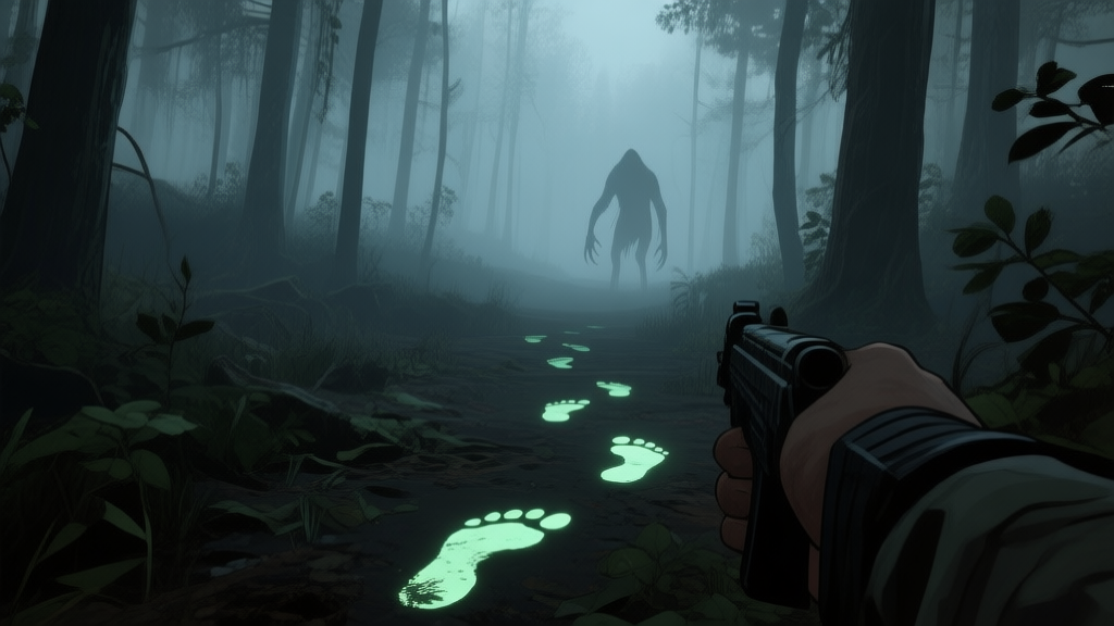A first-person perspective view in a dark, misty forest in a survival horror game, showing faint glowing footprints on the ground and disturbed foliage, with a silhouette of a creature barely visible in the background. Soft, desaturated color palette. high quality illustration, detailed, 16:9