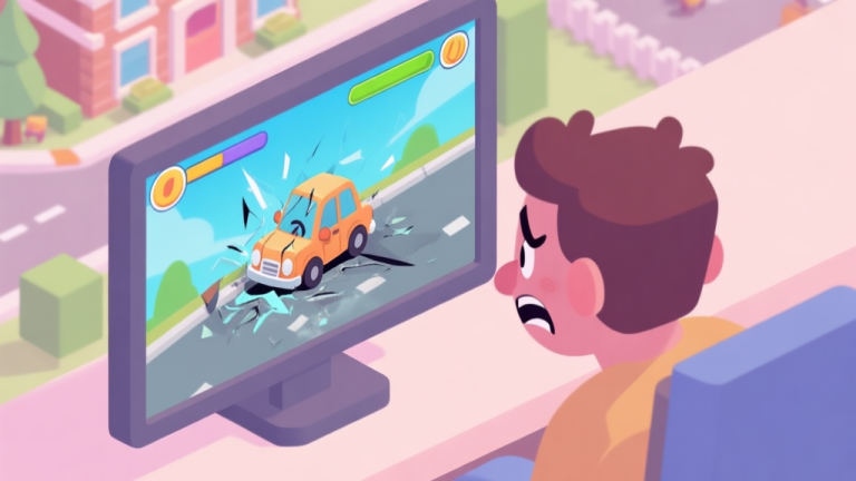 自动生成图片: A frustrated player looking at a game screen showing a crashed tiny cartoon car in Tinytown Racing, soft pastel colors, isometric view high quality illustration, detailed, 16:9