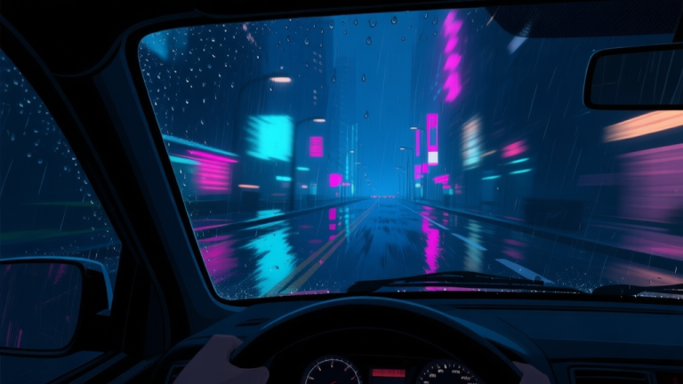 自动生成图片: A moody, atmospheric video game screenshot of a night drive. First-person view from inside a car, raindrops on the windshield, blurred neon lights of a city reflecting on the wet asphalt, deep blues and dark tones with pockets of vibrant neon glow, sense of solitude and speed high quality illustration, detailed, 16:9
