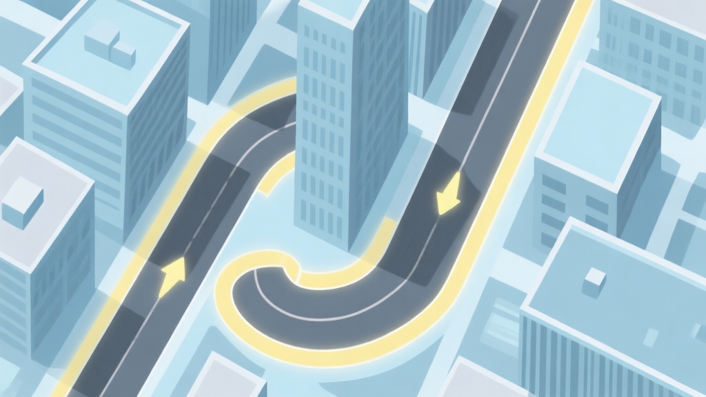 A top-down view of a stylized city race track map, highlighting a sharp, narrow corner between buildings. Soft blue and grey color scheme, with arrows indicating the ideal racing line and braking zone in a gentle yellow glow. high quality illustration, detailed, 16:9
