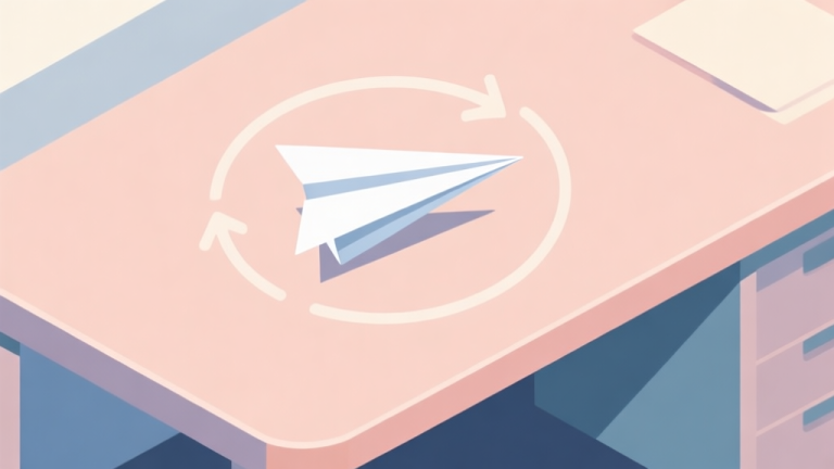 自动生成图片: A simple 2D top-down view of a paper airplane on a desk, with a circular arrow around it indicating rotation on the flat surface, soft pastel colors, clean lines high quality illustration, detailed, 16:9