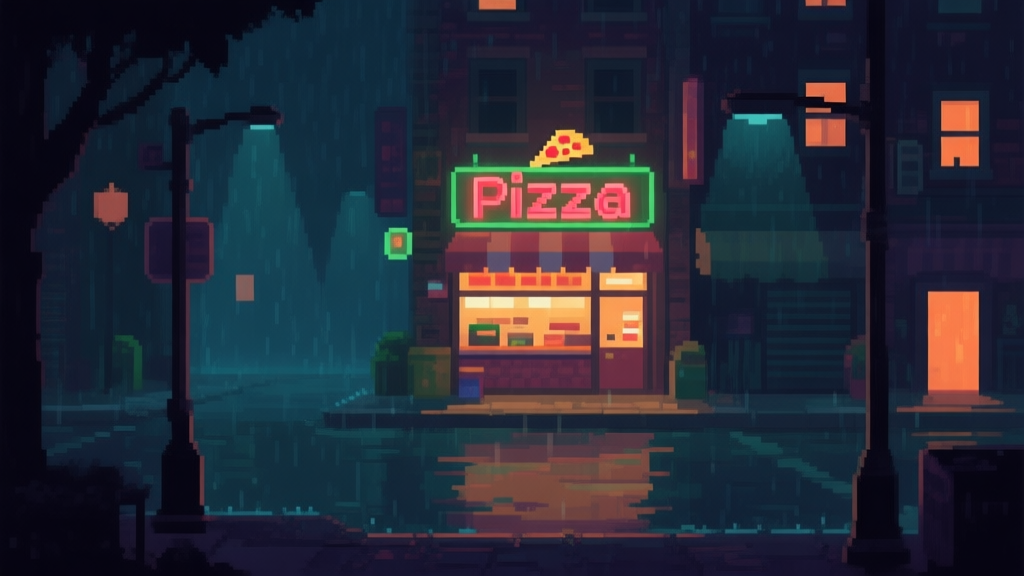 A cozy, dimly-lit pixel art game scene of a rainy city street at night, with a neon sign of a pizza shop glowing in the distance, warm and melancholic color palette high quality illustration, detailed, 16:9