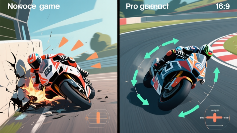 自动生成图片: Split-screen illustration contrasting a novice game rider crashing on a corner versus a pro rider leaning perfectly into a turn, with visible force vectors and weight distribution diagrams overlaid on the game scene, in a sleek digital art style high quality illustration, detailed, 16:9