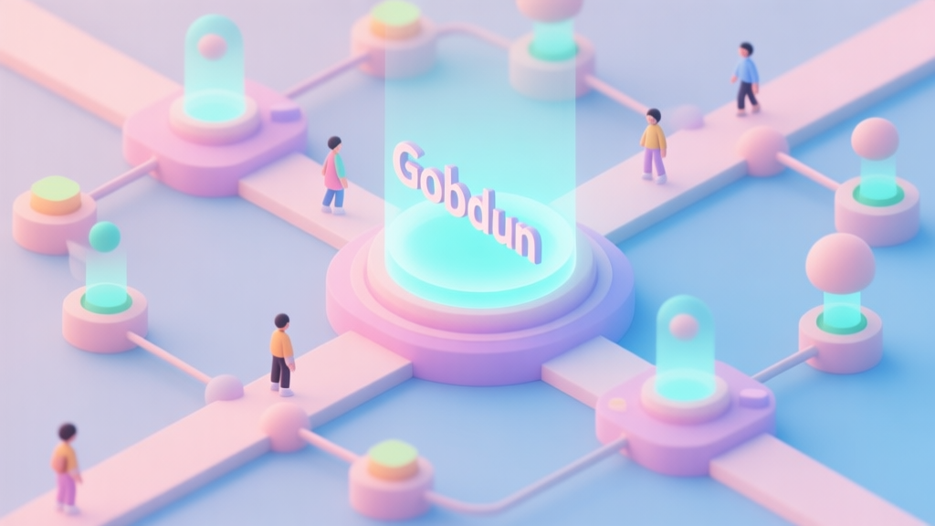 A minimalist, isometric 3D illustration of a vibrant digital ecosystem with interconnected nodes, a central glowing core labeled "Gobdun", and small avatars exploring different paths, soft pastel color palette high quality illustration, detailed, 16:9