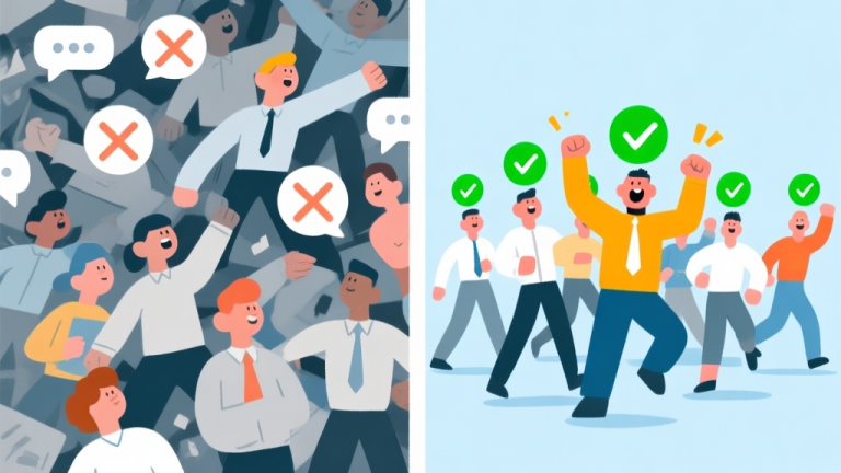 自动生成图片: A split-screen illustration showing a chaotic, disorganized team on one side (with mismatched characters and crossed-out communication icons) and a coordinated, victorious team on the other side (with clear roles, synchronized movements, and green checkmarks above their heads), using a soft color palette of blues and grays with warm accent colors for the successful team high quality illustration, detailed, 16:9