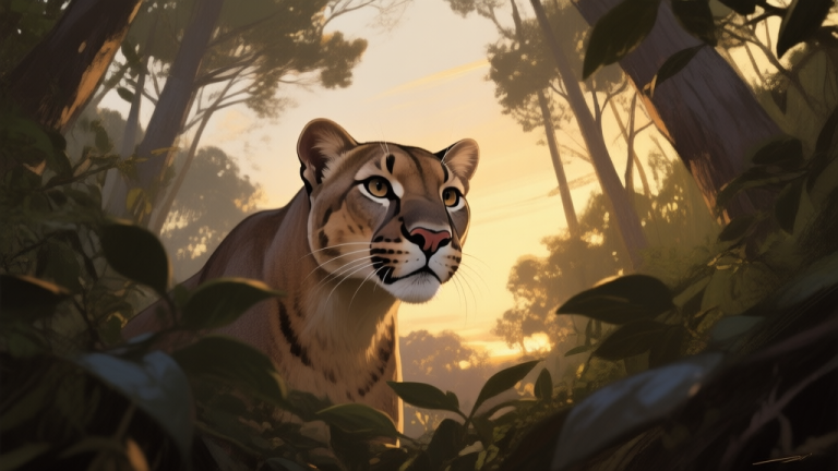 自动生成图片: A majestic cougar seen from a low angle, peering through dense forest foliage at dusk, soft golden light filtering through the trees, painterly style with muted earth tones high quality illustration, detailed, 16:9