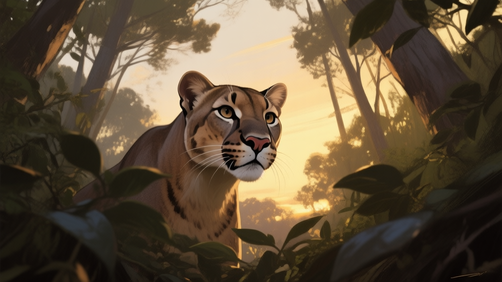 A majestic cougar seen from a low angle, peering through dense forest foliage at dusk, soft golden light filtering through the trees, painterly style with muted earth tones high quality illustration, detailed, 16:9