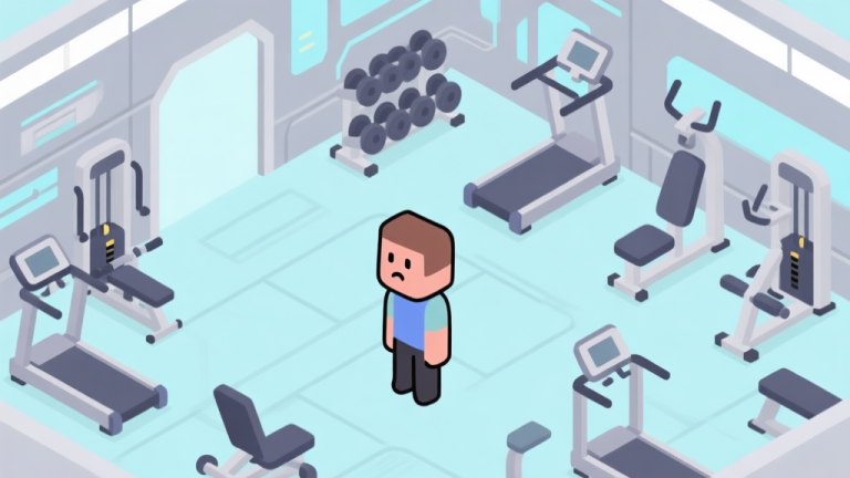 自动生成图片: A minimalist isometric illustration of a video game character standing in front of a complex, futuristic gym interior, looking confused at various exercise machines, soft pastel color palette with light blues and grays high quality illustration, detailed, 16:9