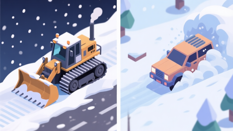 自动生成图片: Split-screen illustration showing a highly detailed simulation game snow plow on the left, and a stylized action game vehicle pushing through a snowdrift on the right, soft winter color palette, isometric view high quality illustration, detailed, 16:9