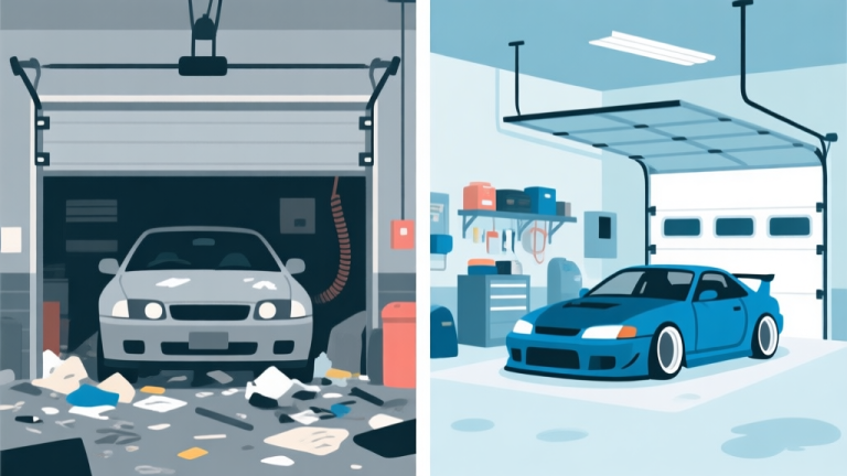 自动生成图片: A split-screen image showing a messy, unoptimized car garage on one side and a clean, organized garage with a tuned car on the other, using a soft color palette of blues and greys, flat design style high quality illustration, detailed, 16:9