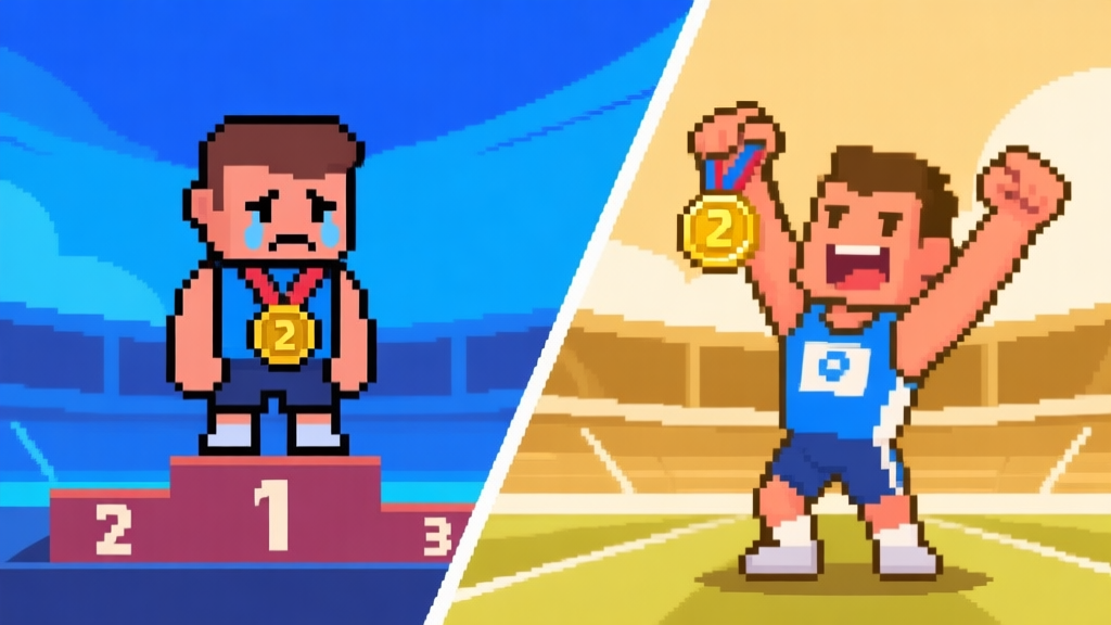 A split-screen image showing contrast in game outcomes. Left side: a pixelated athletics hero character looking dejected on a podium with a 2nd place medal, screen tinted blue. Right side: the same character celebrating victoriously with a gold medal, screen tinted warm gold. Background is a simple abstract stadium. high quality illustration, detailed, 16:9
