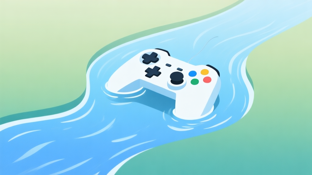 A serene, minimalist illustration of a game controller seamlessly blending into a flowing river or stream, with soft blue and green color gradients, symbolizing the concept of 'flow' in gaming high quality illustration, detailed, 16:9